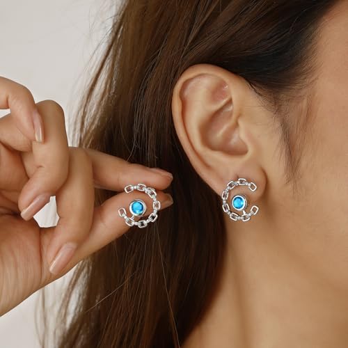Elegant C-Shaped Crystal Stud Earrings with Birthstone Earring Silver Plated Fashion Jewelry for Women CE0003 - color: Blue-March