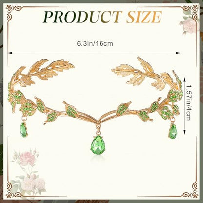 Wedding Jewelry Set for Women, Rhinestone Leaf Tiara Headband Crown Necklace Earrings Bracelet for Women - color: Gold,Green
