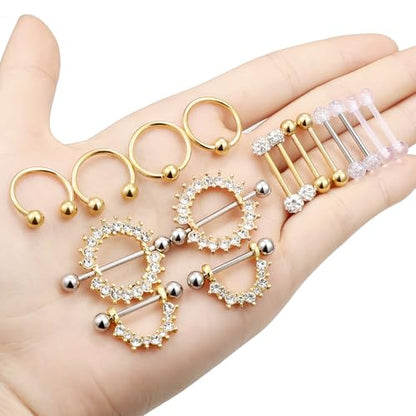 Cisyozi 16G 14G Nipple Piercing Jewelry Tongue Rings Hypoallergenic Surgical Steel Screw Nipple Tongue Shield Ring Barbell Body Piercing Jewelry Retainer for Women 9/16 Inch 14mm - color: C:14G(1.6MM)-8Pairs - Gold