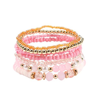 7Pcs Bohemia Multilayer Stackable Crystal Beaded Bracelet Set Multicolor Surfer Heishi Clay Gold Beaded Friendship Stretch Bracelets for Women Men Summer Beach Boho Vacation Jewelry Gifts - color: Z-Pink