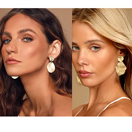 Gold Metal Clip On Earrings for Women Non Pierced Dangle Drop Earrings Multiple Styles - color: gold leaf + disc