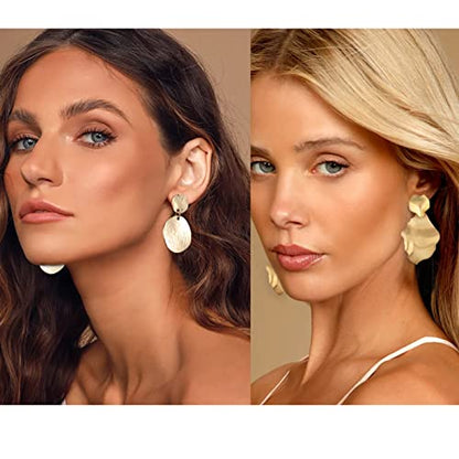 Gold Metal Clip On Earrings for Women Non Pierced Dangle Drop Earrings Multiple Styles - color: gold leaf + disc