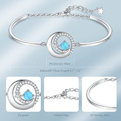 FANCIME Birthstone Bracelets 925 Sterling Silver Moon and Star Bangle Charm Bracelet Fine Jewelry Anniversary Birthday Mothers Day Gifts for Mom Her Women, Adjustable Chain 6.7"+1.2" Extend - color: Dec.- Turquoise