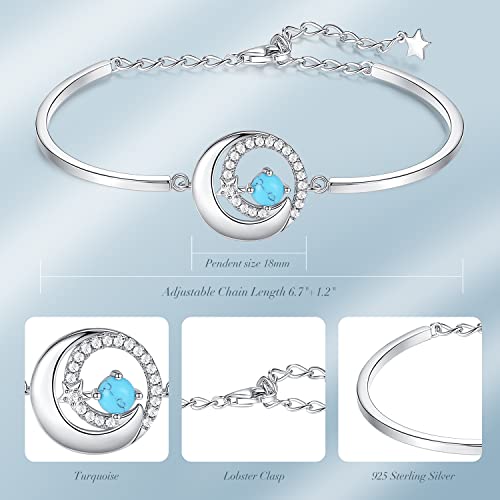 FANCIME Birthstone Bracelets 925 Sterling Silver Moon and Star Bangle Charm Bracelet Fine Jewelry Anniversary Birthday Mothers Day Gifts for Mom Her Women, Adjustable Chain 6.7"+1.2" Extend - color: Dec.- Turquoise