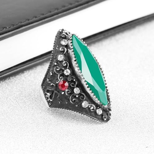 Vintage Green Gemstone & Red Crystal Statement Ring, Black Silver-Tone Band with Large Teardrop Stone Cocktail Rings, White/Red Crystal Accents Boho Ring,Gothic Retro Accessory Jewelry