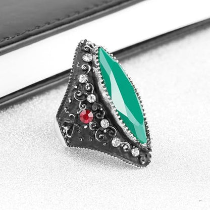 Vintage Green Gemstone & Red Crystal Statement Ring, Black Silver-Tone Band with Large Teardrop Stone Cocktail Rings, White/Red Crystal Accents Boho Ring,Gothic Retro Accessory Jewelry