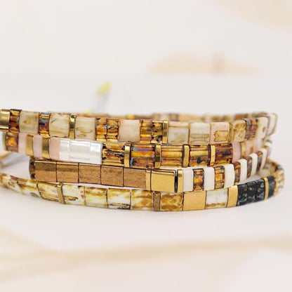 Sonateomber Tila Flat Beaded Stretch Bracelets for Women, Trendy Unique Colorful Square Beads Handmade Stack Bracelet Friendship Accessories Fashion Jewelry Gift - color: Brown Yellow
