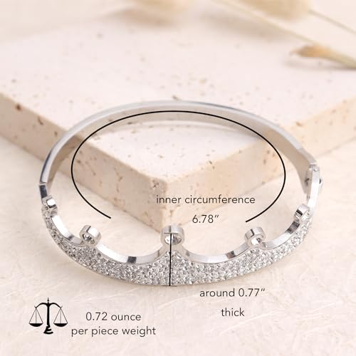 14k Gold Plated Cubic Zirconia Bangle Classic Bracelets for Woman, Sparkly Rhinestones Crown Bangle Stainless Steel Stackable Cuff Bracelet Trendy Statement Jewelry Gifts - color: SilverCrown