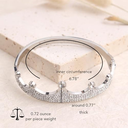 14k Gold Plated Cubic Zirconia Bangle Classic Bracelets for Woman, Sparkly Rhinestones Crown Bangle Stainless Steel Stackable Cuff Bracelet Trendy Statement Jewelry Gifts - color: SilverCrown