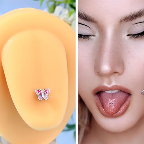 6Pcs Surgical Steel CZ Tongue Rings Sparkling Round Heart Flower Pink Butterfly Tongue Barbell Tongue Piercing Jewelry for Women