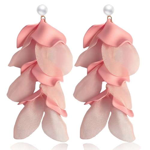 Handmade Bohemian Lightweight Fabric Flower Dangle Drop Earrings Chic Pearl Large Tassel Petal Stud Earrings For Women - color: Pink