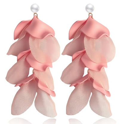 Handmade Bohemian Lightweight Fabric Flower Dangle Drop Earrings Chic Pearl Large Tassel Petal Stud Earrings For Women - color: Pink