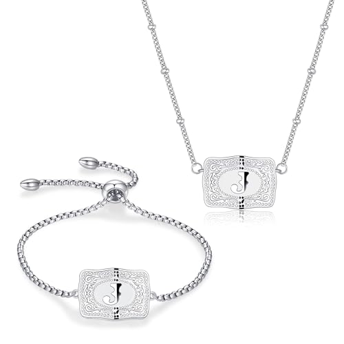 2 Pcs Belt Buckle Initial Necklace Bracelet Jewelry Set for Women, 18K Gold/Silver Plated Belt Buckle Initial A-Z Necklace Bracelet Set Unique Western Style Jewelry Gifts - style: J