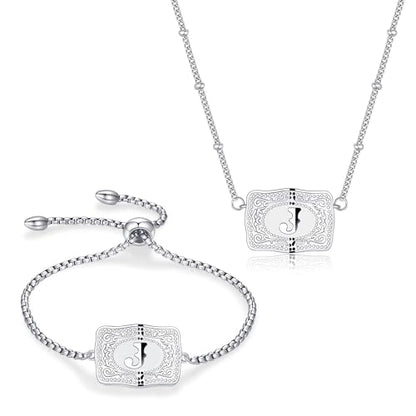 2 Pcs Belt Buckle Initial Necklace Bracelet Jewelry Set for Women, 18K Gold/Silver Plated Belt Buckle Initial A-Z Necklace Bracelet Set Unique Western Style Jewelry Gifts - style: J