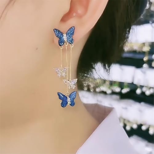 Purple Butterfly Tassel Earrings for Women Crystal Rhinestone Drop Earrings Animal Drop Dangle Charm Earrings - color: C-Deep Blue