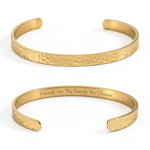 Inspirational Bible Verse Cuff Bracelet for Women, 18K Gold Plated Hammered Bangle, Christian Faith Jewelry Gift, Adjustable Non Tarnish - color: Friends are the family we choose.-Hammered Gold