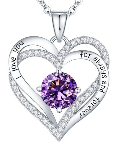 CDE S925 Silver Engraved Forever Love Heart Birthstone Necklaces for Women | 5A CZ,Hypoallergenic,Nickel-Free & Lead-Free Pendant,Anniversary Christmas Wedding Birthday Gift for Wife Girlfriend - color: 02-Feb, style: White Gold Plated