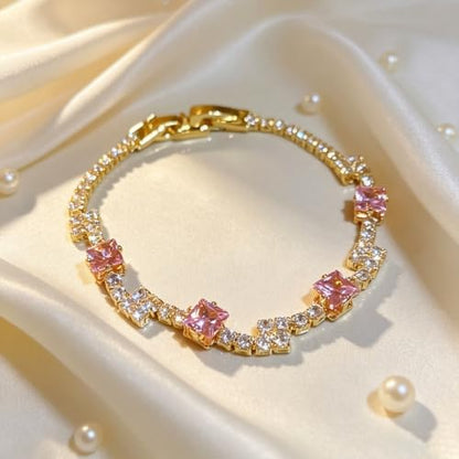 Women's Dainty Pink CZ Tennis Bracelet, 14K Gold Plated Sparkling Cubic Zirconia Chain Bracelet, Delicate Jewelry, Gift for Birthday, Wedding, Anniversary, Suitable for Party, Daily Wear - color: Pink