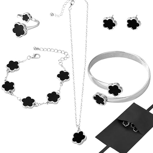 Lucky Flower Alloy Jewelry, Lucky Flower Design Necklace Earrings Bracelet Bangle Ring Jewelry Set, Clover Gold Plated Chain Wrap Ornament & Plush Pouch for Women - color: Silver