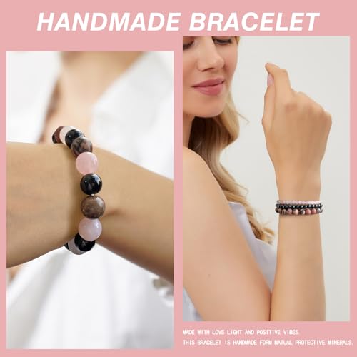 Vinswet 4pcs Beaded Bracelets for Women,Natural Healing Crystal Gemstones Bracelet,Anxiety Stress Relief Bracelet Handmade purple Jewelry Gifts for Women - color: Rose Quartz&Obsidian&Rhodonite
