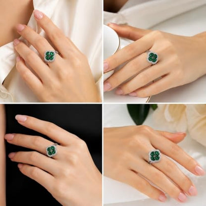 Green/Blue Zircon 4-Leaf Clover Jewelry Set – Necklace, Ring, Earrings – Women's Wedding & Evening Gift for Wife, Girlfriend, Mother – Comes with Gift Box - color: Green Ring