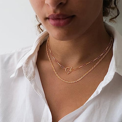 CHESKY 14K Gold Plated Layered Chain Necklace for Women | Trendy Cuban Link Chain, Chunky Paperclip Chain, Toggle Clasp Necklace, Fashion Gold Jewelry, Daily Gift for Women - style: Paperclip Rope-GD