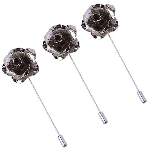 COSMOS Pack of 3 Men's Suit Metal Rose Lapel Flower Pin - color: Silver Tone