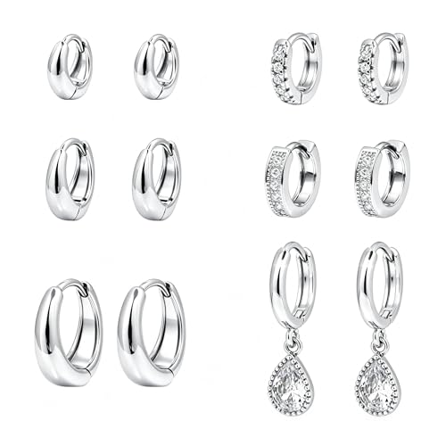 Wgoud 12 Pairs Small 14K Gold Plated Chunky Hoop Earrings for Women Hypoallergenic Lightweight Gold/Silver Hoop Earring Set for Sensitive Ears Trendy Cartilage Huggie Hoops Stacks for Multiple Piercing Jewelry - color: Silver-6 pairs- teardrop