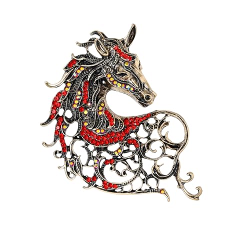 Vintage Rhinestone Horse Brooch For Women Statement Palace Style Enamel Horse Head Openwork Mane Filigree Oval Gem Accent Gold Silver Colors - color: Red