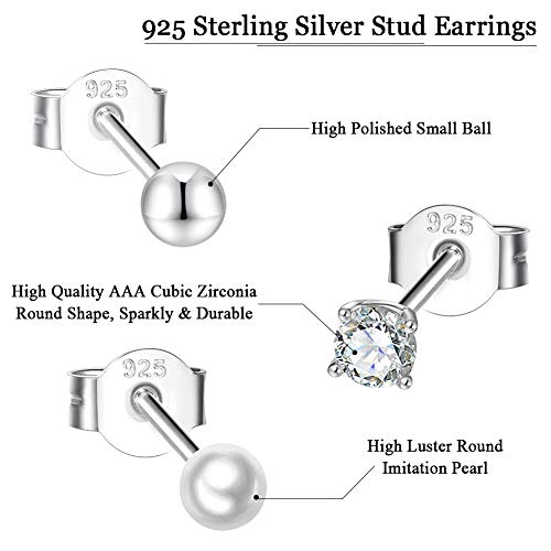 EPIRORA Sterling Silver Stud Earrings for Women Men- 3 Pairs 3mm Tiny Ball Stud Earrings Round CZ Earrings Pearl Earrings Set Cartilage Small Tragus Earrings - style: 3 Pairs-Pearl*1,Round Ball*1,CZ*1