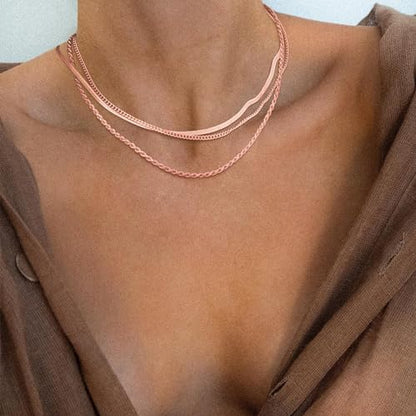 Freekiss Layered Necklace Set for Women Stackable | Herringbone Snake Cuban Rope Chain, Dainty Choker, Layered Stackable, Non Tarnish, Hypoallergenic, Adjustable 14-18.5" - color: Rose Gold, style: 3Snake+Rope+Cuban
