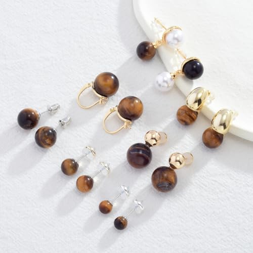 HUGE TOMATO Elegant 925 Sterling Silver Pearl Drop Earrings for Women, 14K Gold Plated Dangle Stud Earrings, Hypoallergenic Large Pearl Hoop Earring dangling 12mm - color: Tiger Eye