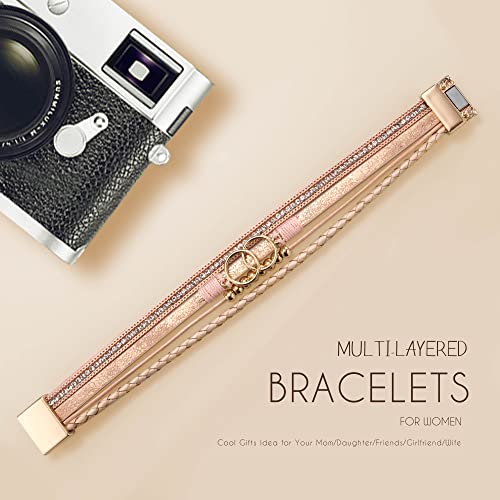 Bracelets for Women, Gifts for Mom Her Christmas Gift 2026 Leather Bracelets for Women Birthday Gift for Daughter Inspirational Wrap Bracelet Sister Friend Teen Girl Gift Layered Stocking Stuffers Jewelry - style: Rose Gold