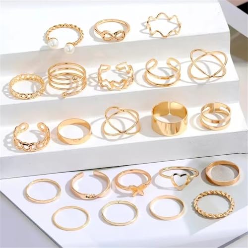 22Pcs Gold Plated Knuckle Rings Set for Women,Boho Dainty Stackable Joint Finger Midi Ring Pack Simple Cute Pearl Butterfly Heart Rings Adjustable Statement Jewelry Mixed Size - color: Gold
