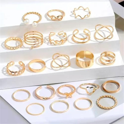 22Pcs Gold Plated Knuckle Rings Set for Women,Boho Dainty Stackable Joint Finger Midi Ring Pack Simple Cute Pearl Butterfly Heart Rings Adjustable Statement Jewelry Mixed Size - color: Gold