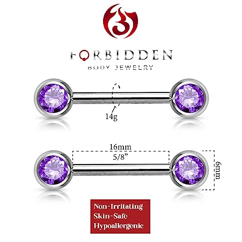 Forbidden Body Jewelry 14g Nipple Ring Barbells Set of 2, Pair of CZ 16mm (5/8 Inch) Barbells with 6mm Balls - color: Purple