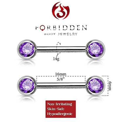 Forbidden Body Jewelry 14g Nipple Ring Barbells Set of 2, Pair of CZ 16mm (5/8 Inch) Barbells with 6mm Balls - color: Purple