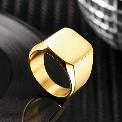 VIBOOS Custom Engraved Initial Monogram Signet Ring for Men Women Mens Rings Stainless Steel, Bundle with Ring Size Adjusters - color: B2: Gold - Initial Name