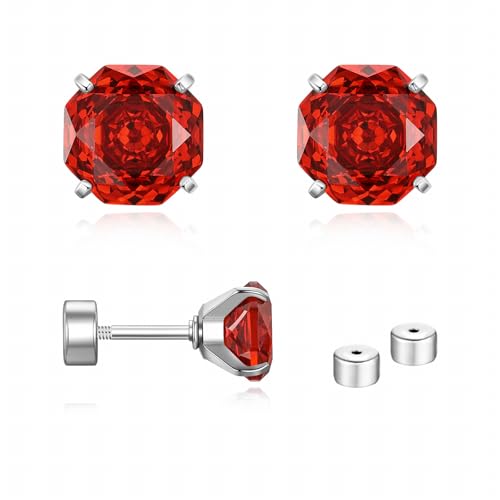 Zircon Flat Back Screw Hypoallergenic Surgical Steel Stud Earrings - color: Fiery Red, size: 1ct - 0.24 Inch (6mm)