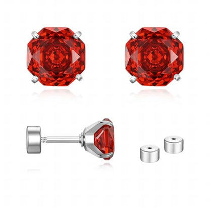 Zircon Flat Back Screw Hypoallergenic Surgical Steel Stud Earrings - color: Fiery Red, size: 1ct - 0.24 Inch (6mm)