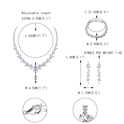 EVER FAITH Marquise Crystal Leaf Bridal Prom Jewelry Set for Women Bride | Rhinestone Wedding Party Necklace Dangle Earrings Tennis Bracelet, for Bridesmaid - color: Light Purple Silver-Plated-Base