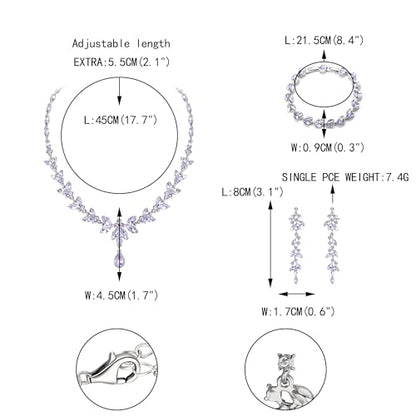 EVER FAITH Marquise Crystal Leaf Bridal Prom Jewelry Set for Women Bride | Rhinestone Wedding Party Necklace Dangle Earrings Tennis Bracelet, for Bridesmaid - color: Light Purple Silver-Plated-Base