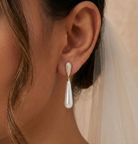 Pearl Earrings for Women Trendy, 14k Gold Plated Freshwater CZ Leaf Pearl Dangle Drop Gold Earrings Lightweight Hypoallergenic Stud Earring Bridesmaid Wedding Gold Jewelry for Women Gifts - style: long pearl earrings
