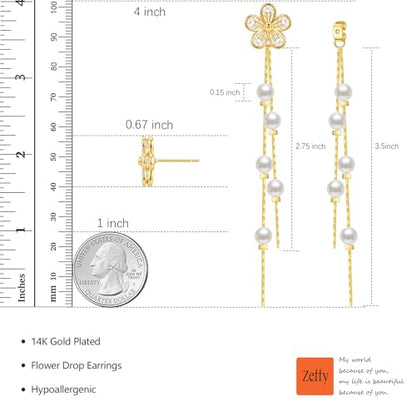 Pearl Earrings for Women 14k Gold/Silver Pearl Drop Earrings Long White Pearl Tassel Dangle Statement Earrings Bridal Wedding Dainty Prom Earrings Birthday Gifts Jewelry - color: Gold Flower Pearl Drop Earrings