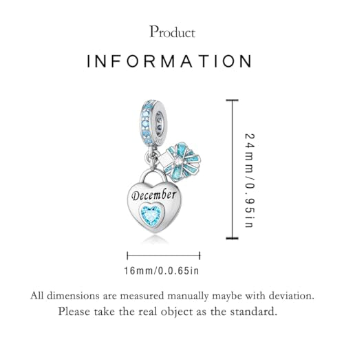925 Sterling Silver Birthstone Charms Fit for Bracelet and Necklace Happy Birthday Charm Mother's Day Jewelry Gift for Women - color: 12-December