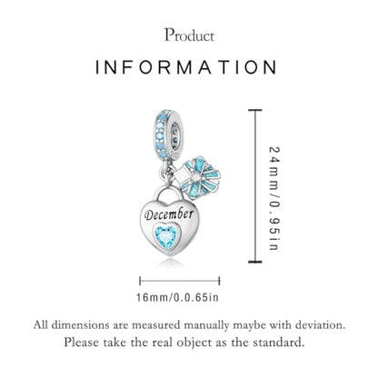925 Sterling Silver Birthstone Charms Fit for Bracelet and Necklace Happy Birthday Charm Mother's Day Jewelry Gift for Women - color: 12-December