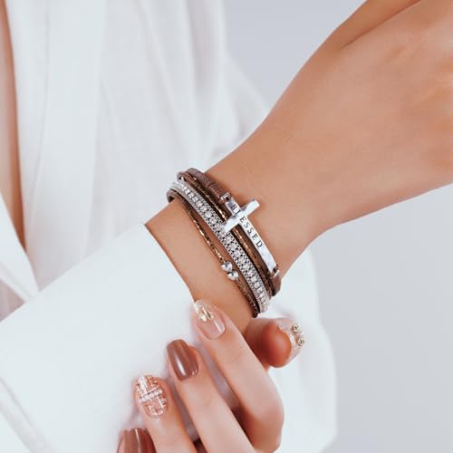 Boho Leather Wrap Bracelets Beaded Stackable Cuff Bracelet Country Concert Outfits Cowboy Cowgirl Western Jewelry Gifts for Women - color: Cross-Brown