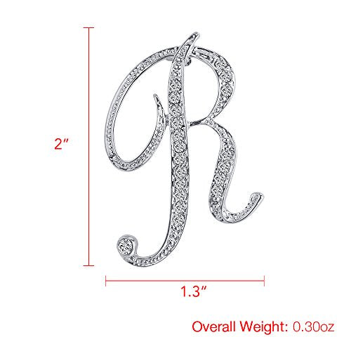 A-Z 26 Letters Pins Brooches Silver Plated Metal Broaches Pins-Clear Crystal Initial Breastpin - color: 1pcs-R