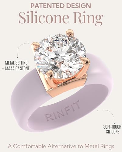 Rinfit Silicone Ring with Stone, Round Cut CZ | AAAAA Grade Cubic Zirconia, Solitaire Engagement Ring for Her, Flexible Rubber Wedding Band for Women, Patented Design - color: Pack F: Orchid Ice / Rose Gold