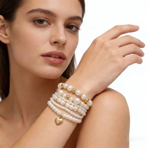 White Pearls Layered Stretch Bracelets Set For Women Simulated Pearl Stackable Stretch Multi layered Elastic Bracelets Jewelry